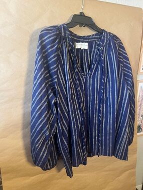 Daughters of India Navy Blue and Silver Striped Peasant Top